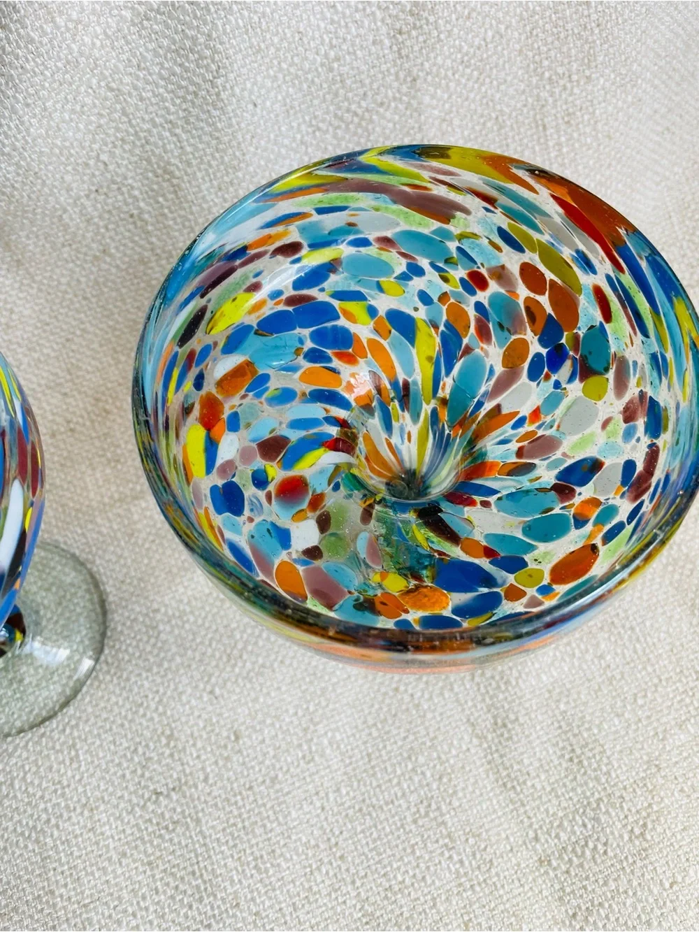(2) Crate & Barrel Handblown Multicolor Speckled Glass Compote Martini Glasses